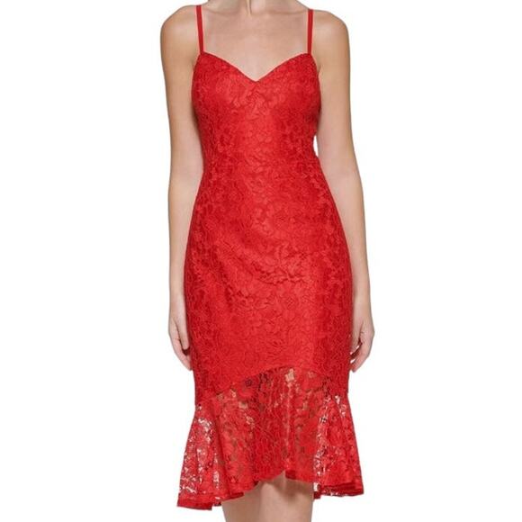 GUESS Bright Red Women's Bodycon Lace W/Flounced Tiered Hem Size 8 - Picture 16 of 16